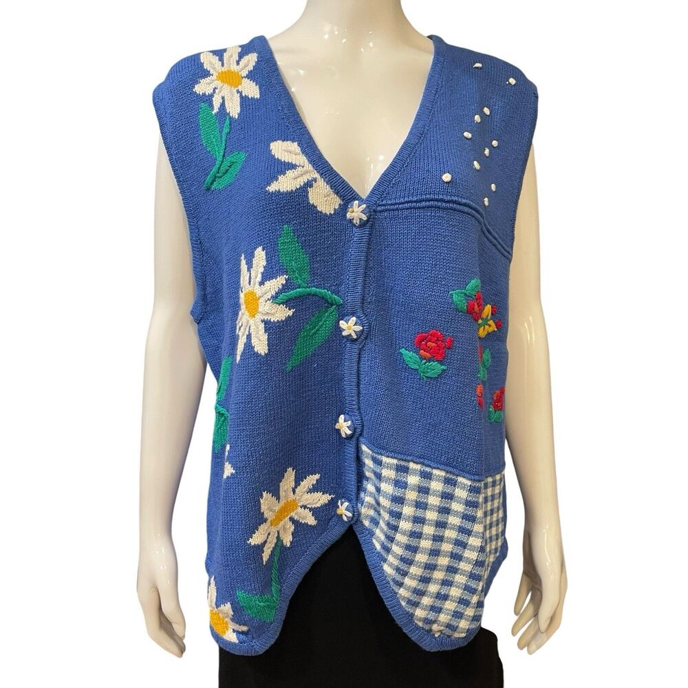 Sweater Vest Womens 2XL Capacity Blue Daisy Floral V-Neck Cotton Ramie 80s Vtg